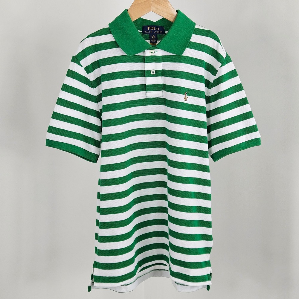 Polo Ralph Lauren Polo Shirt Kids Size L 14-16 Green White Striped
